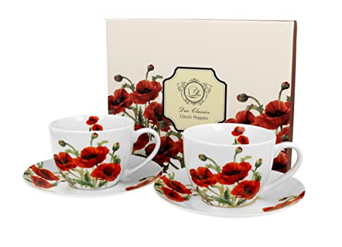 DUO FLORAL 2er-Set Tassen 280 ml CLASSIC POPPIES mit Untertassen, New Bone China Porzellan von Duo