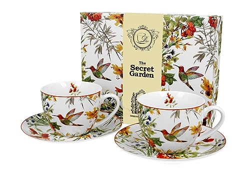 DUO FLORAL 2er-Set Tassen 280 ml LINNEA mit Untertassen, New Bone China Porzellan von Duo