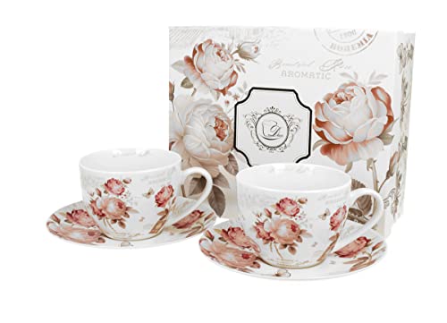 DUO FLORAL 2er-Set Tassen 280 ml SECESSION mit Untertassen, New Bone China Porzellan von Duo