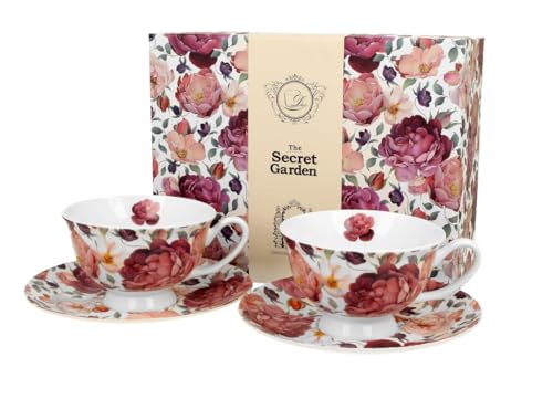 DUO FLORAL 2er-Set königliche Tassen 250 ml SPRING ROSES WHITE mit Untertassen, New Bone China Porzellan von Duo