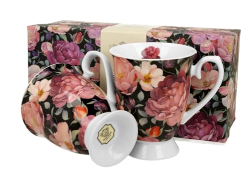 DUO FLORAL 2er-Set königliche Tassen 300 ml SPRING ROSES BLACK New Bone China Porzellan von Duo