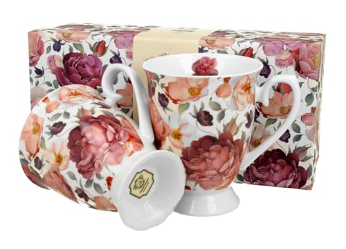 DUO FLORAL 2er-Set königliche Tassen 300 ml SPRING ROSES WHITE New Bone China Porzellan von Duo