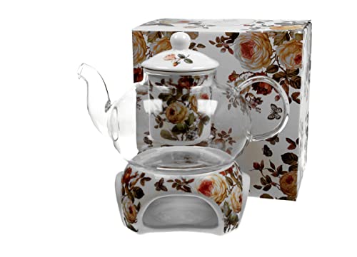 DUO FLORAL Teekanne 1000 ml ZAHRA mit Stövchen, Glas - New Bone China Porzellan von Duo