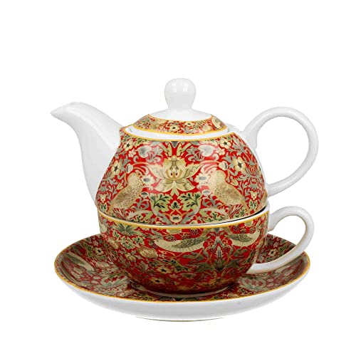 DUO ART GALLERY Tasse mit Teekanne STRAWBERRY THIEF RED New Bone China Porzellan von DUO