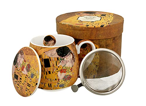 Duo Kollektion Art Gallery by Gustave Klimt THE KISS Becher 430 ml mit Teeei und Deckel aus New Bone China Porzellan im Geschenkbox, Teetasse 3teilig Geschenkset mit teesieb, Becher mit Filter von Duo