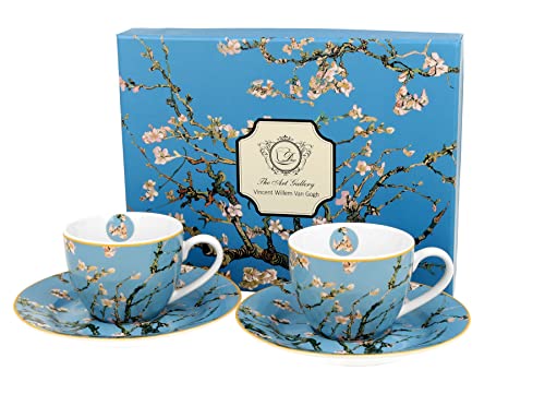 Duo Kollektion Art Gallery by V. van Gogh EIN Satz von 2 Espresso Tassen mit Untertassen ALMOND BLOSSOM aus New Bone China Porzellan in Geschenkbox, Kaffeetasse, Füllmenge maximale 110 ml von Duo