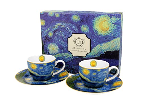Duo Kollektion Art Gallery by V. van Gogh EIN Satz von 2 Espresso Tassen mit Untertassen STARRY NIGHT aus New Bone China Porzellan in Geschenkbox, Kaffeetasse, Füllmenge maximale 110 ml von Duo