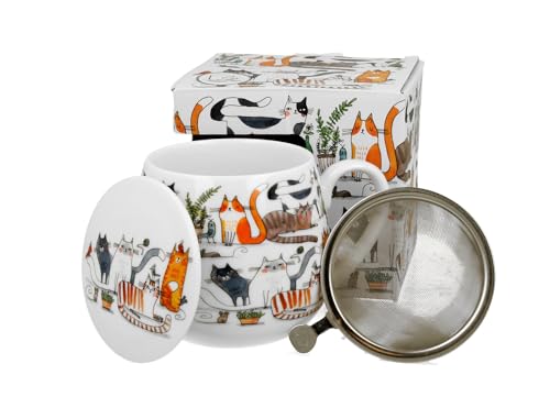Duo Tee-Tasse Teebecher Set mit Teesieb Edelstahl und Deckel Teetasse mit Sieb Geschenk-Tasse Cup with Tea Infuser 400 ml 3teilig in Geschenkbox Kräuter-Teetasse Katzenwelt (Faule Katzen) von Duo