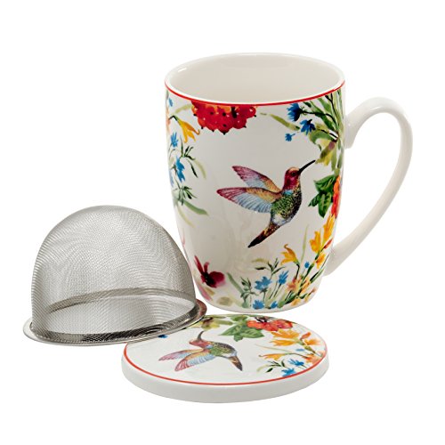 Tee-Tasse Teebecher Set mit Teesieb (Edelstahl) und Deckel Porzellan Teetasse mit Sieb Geschenk-Tasse Blumen Cup with tea infuser 320 ml von DUO 3teilig in Geschenkbox Becher Geschenkset (Linnea) von Duo