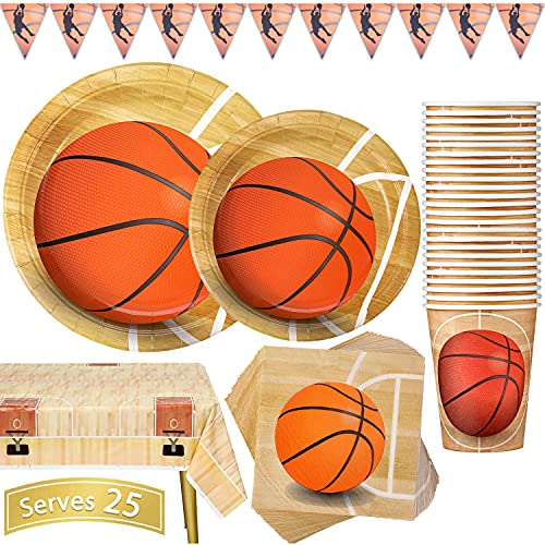 Basketball Partygeschirr 102 Stück Geburtstag Partyteller Sportthema Kindergeburtstag Geschirr Set Enthält Teller, Tassen, Servietten, Tischdecke und Banner, für 25 Gäste von Duocute