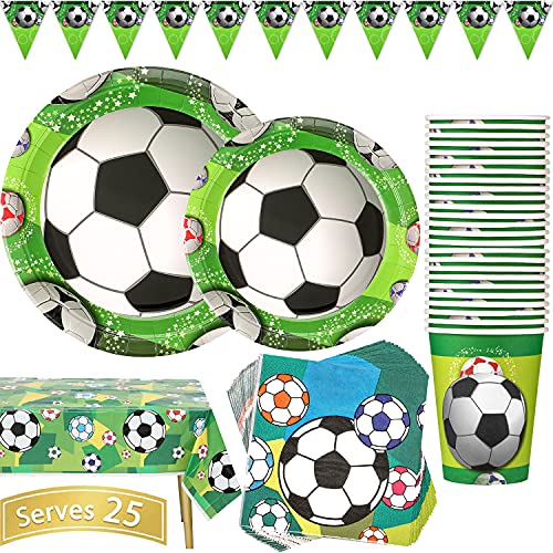 Duocute Fußball Party Supplies 102 Stück Geburtstag Partyteller Sport thema Kindergeburtstag Partygeschirr Enthält Pappteller, Pappbecher, Servietten, Tischdecke, Banner, für 25 Gäste von Duocute