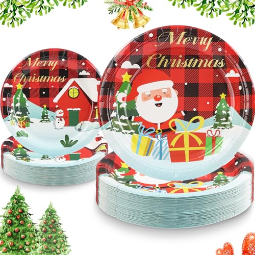 Duocute Weihnachten Pappteller Set 40 Stück, 23cm(9inch) und 18cm(7inch) Xmas Santa Buffalo Plaid Urlaub Einweg-Papiergeschirr für Weihnachten Abendessen Dessert Party(20 Gäste) von Duocute