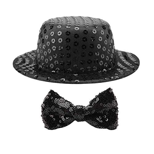 Haustier Hund Kappe Fliege Set, Hund und Katzenschwarzhut Modische Geburtstagsfeier Haustier Hunde Katzen Schwarz Pailletten Hut Einstellbare Pompons Topper Dekoration von Duokon