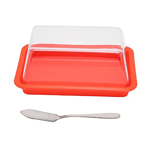 Quadrate Butteraufbewahrungsbox, Transparente Rot-grüne Butterdose aus Kunststoff mit Transparentem Deckel und Butterschneider(rot) von Duokon