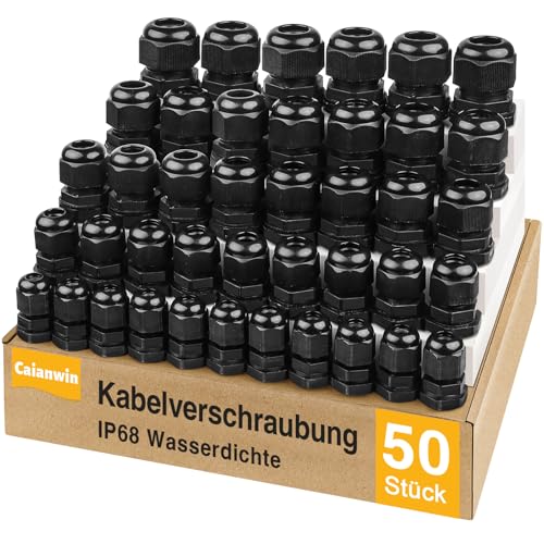 Duoleimi 50PCS Kabelverschraubung Set IP68 Kabeldurchführung Wasserdicht PG7 PG9 PG11 PG13.5 PG16 Schwarz Verschraubung Set Zugentlastung für Kabel, Abzweigkasten, Verteilerkasten von Duoleimi