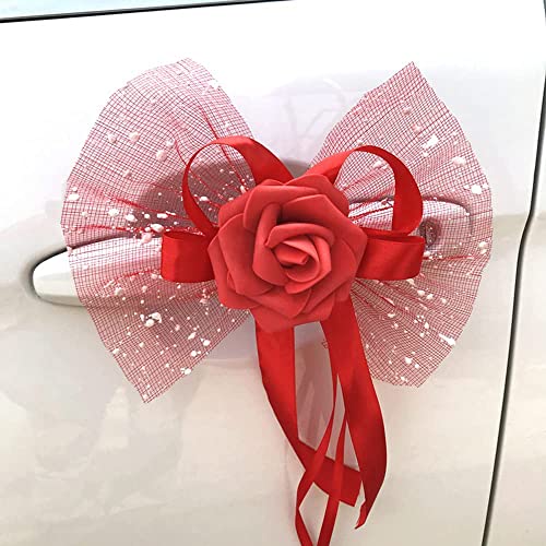 10 Stück Autoschmuck Hochzeit Auto Deko Rose Blumen Dekoschleife Fertigschleife Autoschleifen Antennenschleifen für Hochzeit Deko Auto Rückspiegel Türgriff Deko Blumen,Rot von Duories