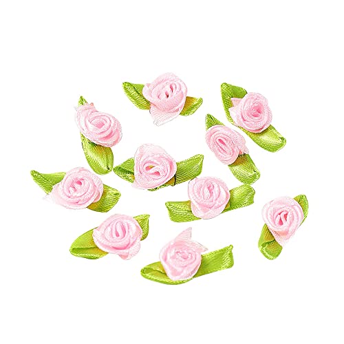 100 Stk Mini Künstliche Blumen Rosen Köpfe,Schleifen Rosen mit Blatt,Rosen Blumenköpfe Blütenköpfe zum Basteln,Blumen-Applikationen,Streudeko für DIY Basteln Garland Scrapbooking Haarschmuck,Hell-Pink von Duories