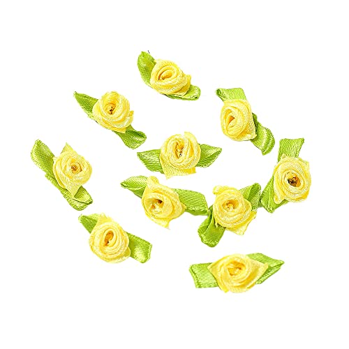 100 Stk Mini Künstliche Blumen Rosen Köpfe,Schleifen Rosen mit Blatt,Rosen Blumenköpfe Blütenköpfe zum Basteln,Blumen-Applikationen,Streudeko für DIY Basteln Garland Scrapbooking Haarschmuck,Gelb von Duories