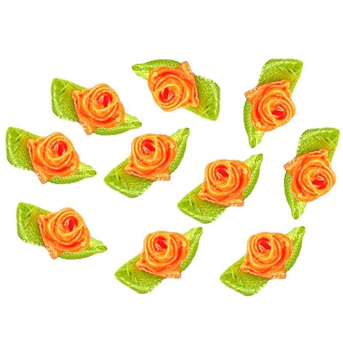 100 Stk Mini Künstliche Blumen Rosen Köpfe,Schleifen Rosen mit Blatt,Rosen Blumenköpfe Blütenköpfe zum Basteln,Blumen-Applikationen,Streudeko für DIY Basteln Garland Scrapbooking Haarschmuck,Orange von Duories