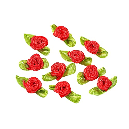 100 Stk Mini Künstliche Blumen Rosen Köpfe,Schleifen Rosen mit Blatt,Rosen Blumenköpfe Blütenköpfe zum Basteln,Blumen-Applikationen,Streudeko für DIY Basteln Garland Scrapbooking Haarschmuck,Rot von Duories