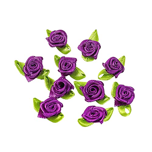 100 Stk Mini Künstliche Blumen Rosen Köpfe,Schleifen Rosen mit Blatt,Rosen Blumenköpfe Blütenköpfe zum Basteln,Blumen-Applikationen,Streudeko für DIY Basteln Garland Scrapbooking Haarschmuck,Violett von Duories