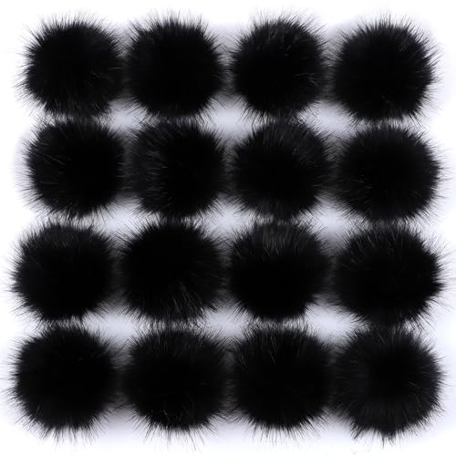 12 Stück 8-9cm Kunstfell Pompons, Kunstfell Bommeln zum Basteln, Künstliche Fellbommel Flauschige Bommel Pom Pom zum Basteln DIY Kreative Handwerk Mützen Handschuhe Tasche Anhängern Dekor,Schwarz von Duories