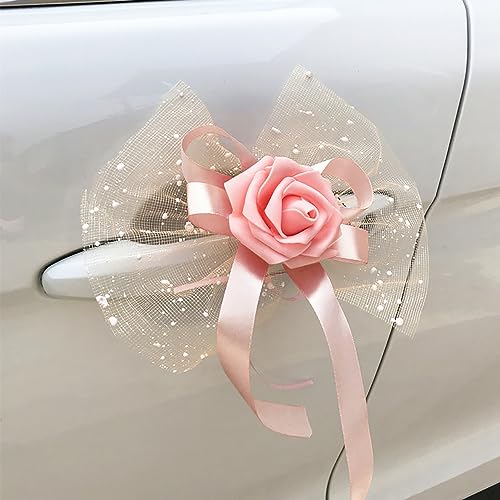 2 Stück Autoschmuck Hochzeit Auto Deko Rose Blumen Dekoschleife Fertigschleife Autoschleifen Antennenschleifen für Hochzeit Deko Auto Rückspiegel Türgriff Deko Blumen,Sekt von Duories