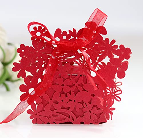 25 Stück Hohles Blumen Geschenkbox Geschenkschachtel Bonboniere Box Geschenkkarton Gastgeschenk Faltschachtel für Hochzeit Taufe Geburtstag Party Favor Tischdeko Brautpaar Geschenk Verpackung,Rot von Duories