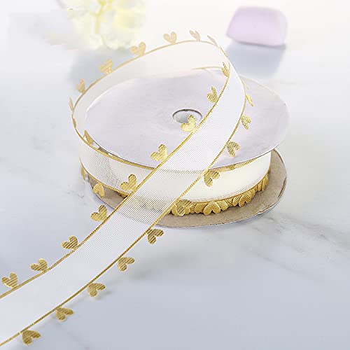 25mm x 18m Herzen Organzaband Organza Bänder Geschenkband Tüllband Schleifenband Dekoband für Auto Hochzeit Deko Tischdeko Zimmerdeko,um zu Machen Antennenschleifen Autoschleifen Autoschmuck,Gold von Duories