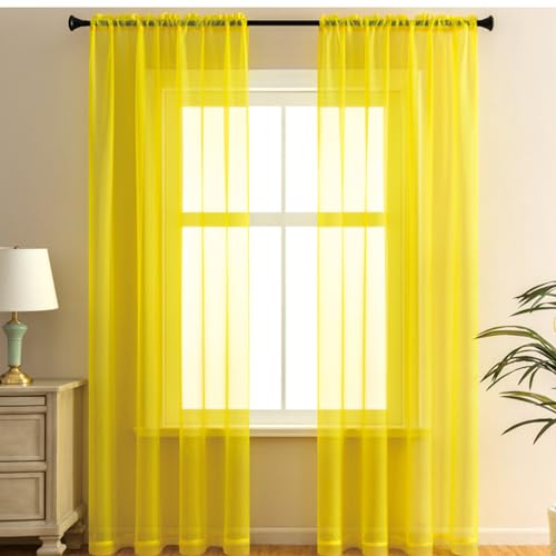 2er Set Transparent Vorhang Gardinen Wohnzimmer,Halbtransparent Vorhänge für Wohnzimmer, Moderne Gardine Voile Vorhangschals Ösenvorhang Dekoschal für Fenster Schlafzimmer Balkontür140x180cm Gelb von Duories