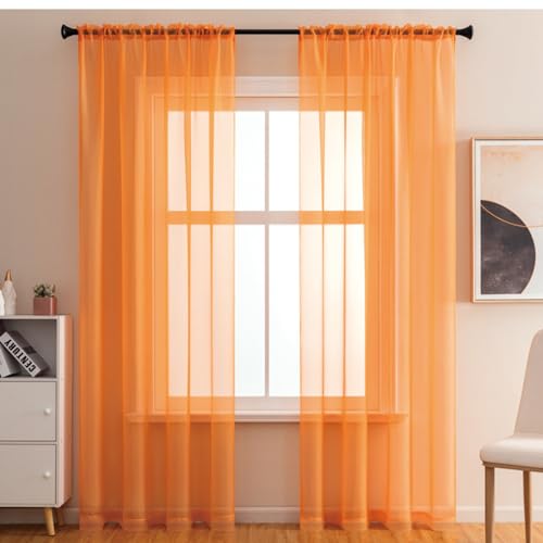 2er Set Transparent Vorhang Gardinen Wohnzimmer,Halbtransparent Vorhänge für Wohnzimmer, Moderne Gardine Voile Vorhangschals Ösenvorhang Dekoschal für Fenster Schlafzimmer Balkontür140x230cm Orange von Duories