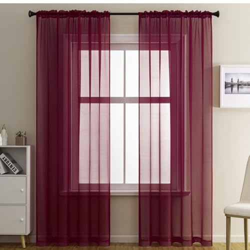 2er Set Transparent Vorhang Gardinen Wohnzimmer,Halbtransparent Vorhänge für Wohnzimmer, Moderne Gardine Voile Vorhangschals Ösenvorhang Dekoschal für Fenster Schlafzimmer Balkontür140x230cm Weinrot von Duories