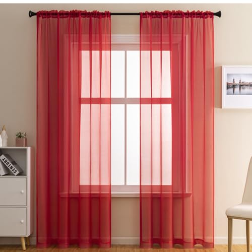 2er Set Transparent Vorhang Gardinen Wohnzimmer,Halbtransparent Vorhänge für Wohnzimmer, Moderne Gardine Voile Vorhangschals Ösenvorhang Dekoschal für Fenster Schlafzimmer Balkontür140x230cm Rot von Duories