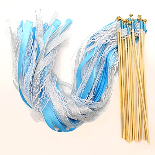 30x Hochzeit Zauberstäbe mit Glocken,Spitzen Luftschlangen Seide Fee Stick,Lace Ribbon Wedding Wands Fairy Stick Wish Wands für Hochzeit Partys Babypartys Geburtstag Urlaub Feiern Weihnachten,Blau von Duories