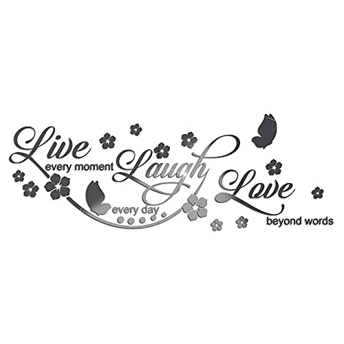 3D Live Love Laugh Blumen Spiegel Wand Aufkleber Dekoration Sofa Hintergrund Wandaufkleber Wandsticker Wandtattoo Wanddeko Wanddekoration Decals für Wohnzimmer Schlafzimmer Wohnkultur,Schwarz 80x29cm von Duories