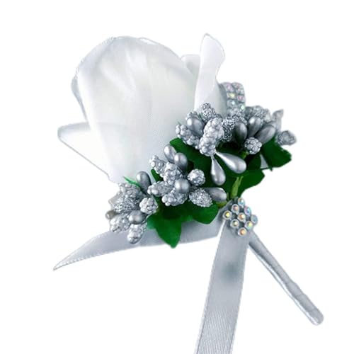 4 Stück Ansteckblume Hochzeit mit Anstecknadel Seidenband,Künstliche Rose Blume Hochzeitsbrosche,Hochzeit Zubehör Brautaccessoires,Boutonniere für Hochzeiten Bankette Jubiläumsdaten (Weiß Silbergrau) von Duories