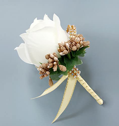 4 Stück Ansteckblume Hochzeit mit Anstecknadel Seidenband,Künstliche Rose Blume Hochzeitsbrosche,Hochzeit Zubehör Brautaccessoires,Boutonniere für Hochzeiten Bankette Jubiläumsdaten (Weiß und Gold) von Duories