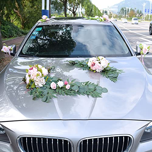 Autoschmuck Dekoration für Hochzeit,Braut Paar Rose Pfingstrose Vine Girlande Künstliche Blumen Pflanzen Deko für Wedding Car Autodeko Hochzeitsdeko Auto Blumenschmuck Hochzeitsauto Deko,Rosa von Duories