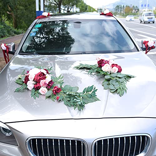 Autoschmuck Dekoration für Hochzeit,Braut Paar Rose Pfingstrose Vine Girlande Künstliche Blumen Pflanzen Deko für Wedding Car Autodeko Hochzeitsdeko Auto Blumenschmuck Hochzeitsauto Deko,Weinrot von Duories