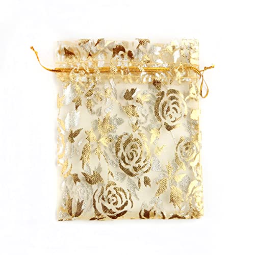 Duories 100 Stück 17x23cm Organzabeutel Organzasäckchen mit Zugband Schmuckbeutel Geschenkbeutel Gazesäcke Hochzeit Säckchen Bonbonsbeutel Rose Beutel für Geschenk Hochzeiten Partys Weihnachten,Gold von Duories