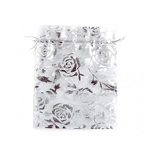 Duories 100 Stück 7x9cm Organzabeutel Organzasäckchen mit Zugband Schmuckbeutel Geschenkbeutel Gazesäcke Hochzeit Säckchen Bonbonsbeutel Rose Beutel für Geschenk Hochzeiten Partys Weihnachten,Silber von Duories