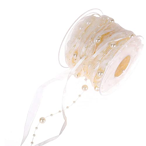 Duories 10m Perlengirlande mit Organza,8+3mm Perlenband,Geschenkband,Trendyband,Schleifenband,Dekoband Hängedeko Tischdeko Dekokette für Hochzeit Weihnachten Taufe Geburtstagsgeschenke,Beige von Duories