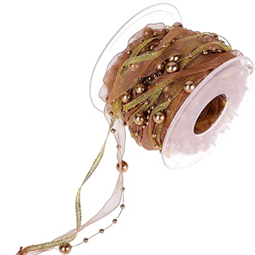 Duories 10m Perlengirlande mit Organza,8+3mm Perlenband,Geschenkband,Trendyband,Schleifenband,Dekoband Hängedeko Tischdeko Dekokette für Hochzeit Weihnachten Taufe Geburtstagsgeschenke,Gold von Duories