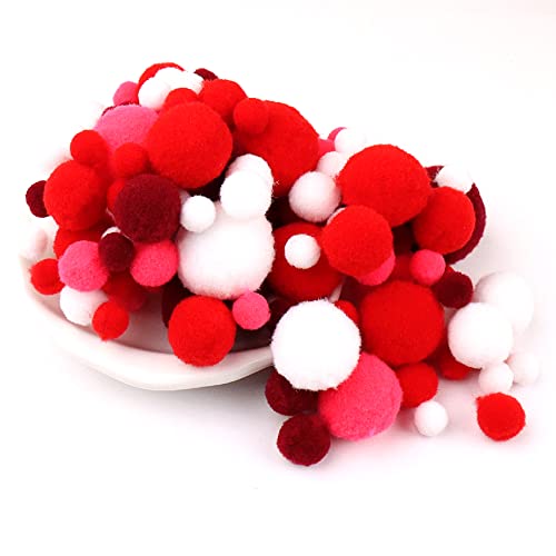 Duories 135 Bunte Pompons zum Basteln,10-30mm Mini Pompons Bälle Kleine Bommeln Kugeln,Flauschigen Bunte Pom Pom Deko Pompom Plüschbälle Bastel Zubehör für Nähen Deko DIY Handwerk,Rot Weiß von Duories