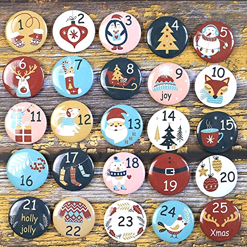 Duories 25 Adventskalender Zahlen Buttons Anstecker,Weihnachtskalender Adventskalenderzahlen Nummer Buttons für Kalender zum selber basteln Weihnachtskalendern-Jutesäckchen von Duories