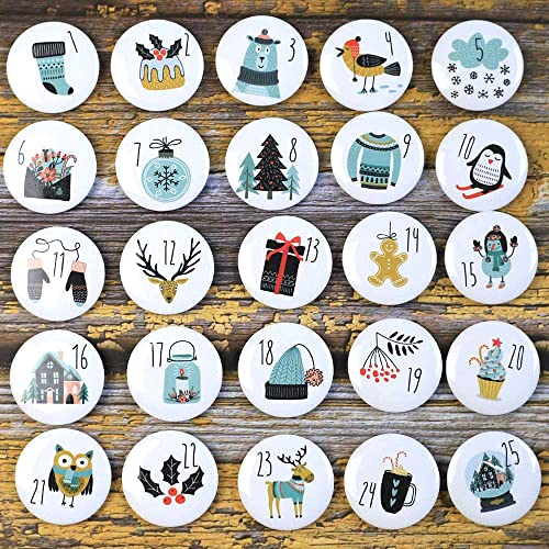 Duories 25 Adventskalender Zahlen Buttons Anstecker,Weihnachtskalender Adventskalenderzahlen Nummer Buttons für Kalender zum selber basteln Weihnachtskalendern-Jutesäckchen von Duories