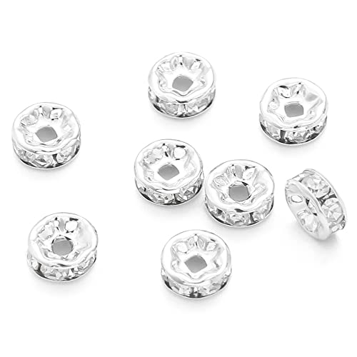 Duories 50 Stück Spacer Beads 5 mm Zwischen Perlen Metall Lose Perlen,Runde Diamant-Abstandsperlen,Flache Runde Strasssteine Zwischenperlen,für DIY Armbänder Schmuckherstellung Ohrringe,Silber von Duories