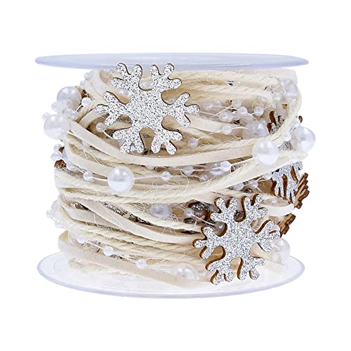 Duories 5m Perlengirlande mit Glitzer Holz Schneeflocke,8+3mm Perlenband,Geschenkband,Schleifenband,Dekoband Hängedeko Tischdeko Dekokette für Hochzeit Weihnachten Taufe Geburtstags Geschenke,Silber von Duories