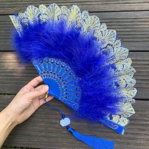 Duories Feder Handfächer,mit Quastenanhänger,Faltfächer Klappfächer Vintage Spanische Viktorianischen Damen Fächer Tanzen Hand Fan für Hochzeit Geschenk Sommer Feste Party Fasching Kostüm,Königsblau von Duories