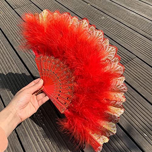 Duories Feder Handfächer Faltfächer Klappfächer Vintage Spanische Viktorianischen Damen Fächer Tanzen Hand Fan für Hochzeit Geschenk Sommer Feste Party Fasching Kostüm,Rot von Duories